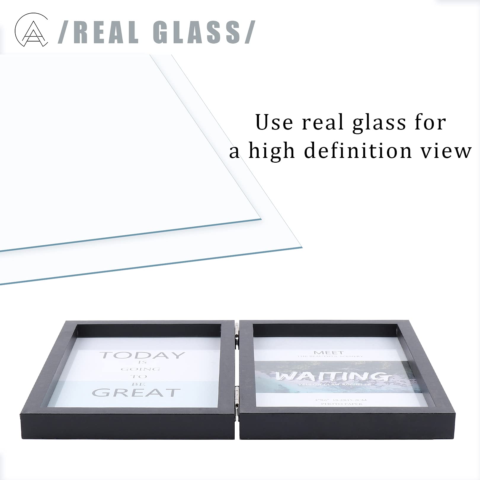 AEVETE 5x7 Picture Frames Double Hinged Wood Folding Photo Frames Vertical with Real Glass Front, Black