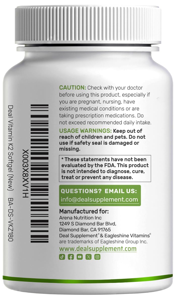 DEAL SUPPLEMENT Vitamin K2 Supplement 600mcg, 180 Coconut Oil Softgels | Full Spectrum High Absorption MK-7 & MK-4 Forms | Bone, Joint, & Immune Support – Non-GMO