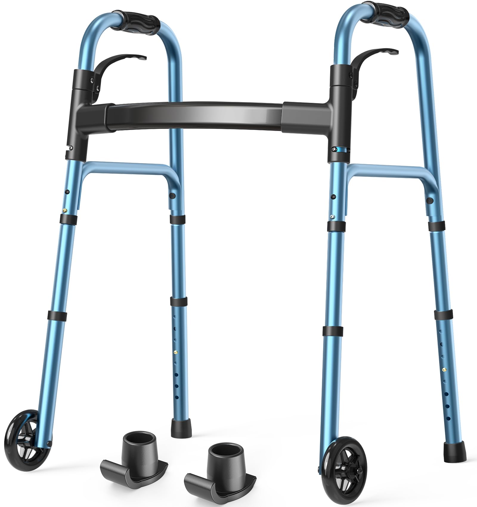 HolyHeal Walkers for Seniors, Folding Walker with Wheels and 2 Skis, Lightweight Rolling Walker Supports Up to 350 Pounds, Adjustable Height, Adult Compact Standard Walkers with Aluminum Frame, Blue