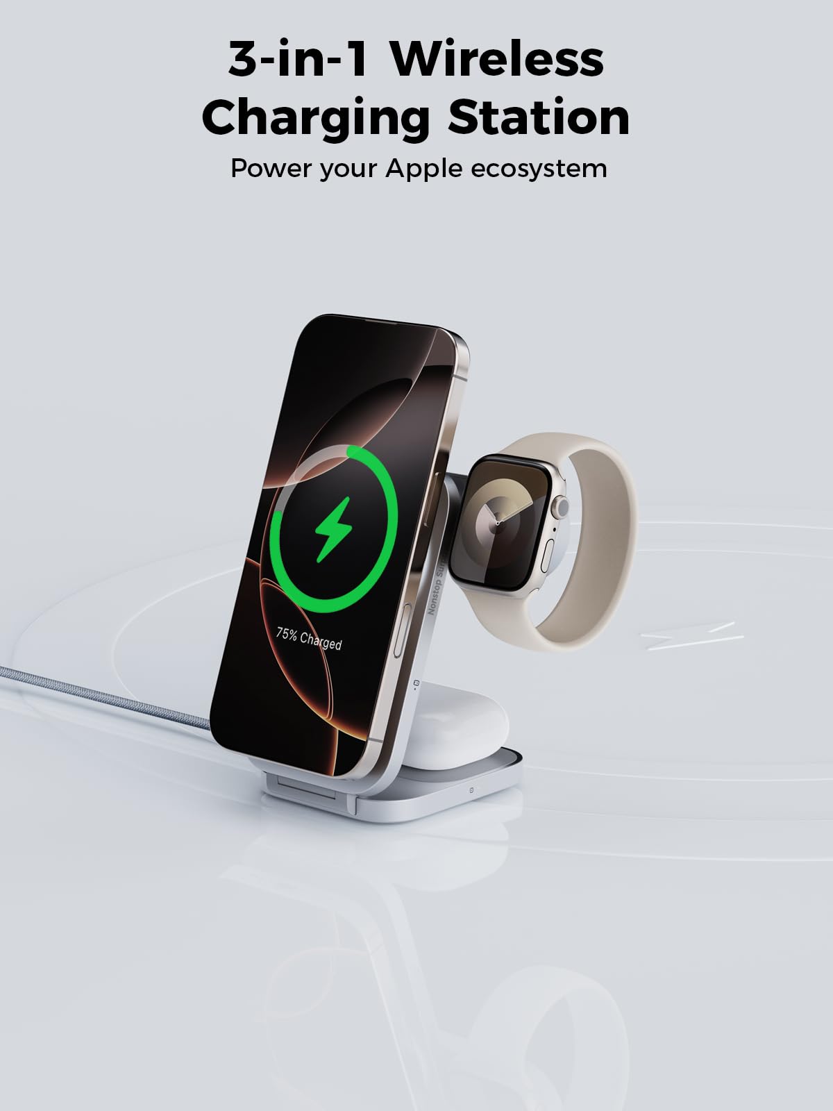 AMEGAT MagFusion Z 3-in-1 MagSafe-Compatible Charging Station, Qi2 Certified 15W Wireless Foldable Charger, for iPhone 16/15/14/13/12, AirPods 4/3/2/Pro, Apple Watch Charger, Silver