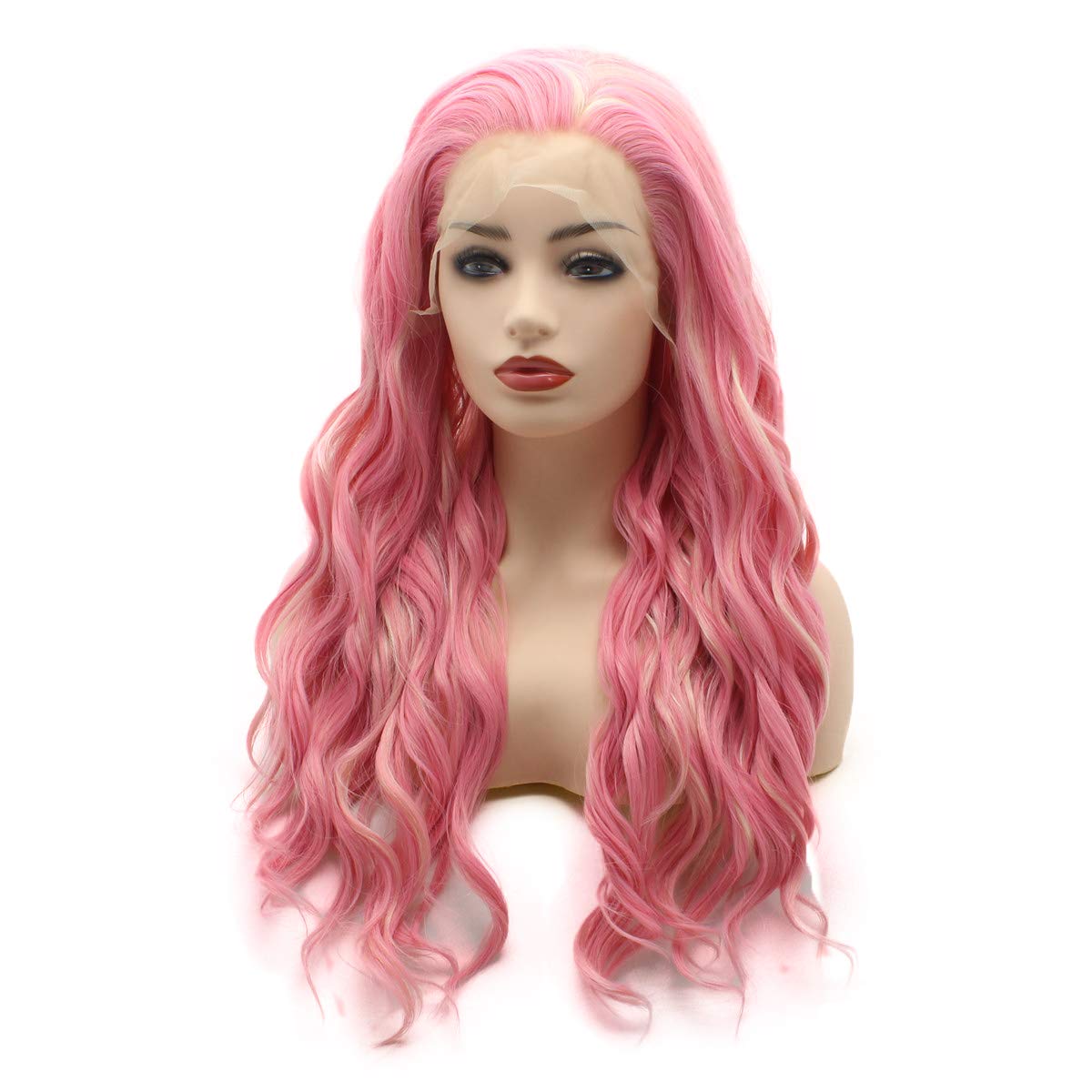 Meiyite Hair Wavy Long 24inch Pink and Light Blonde Mix Heavy Density Realistic Synthetic Lace Front Wigs