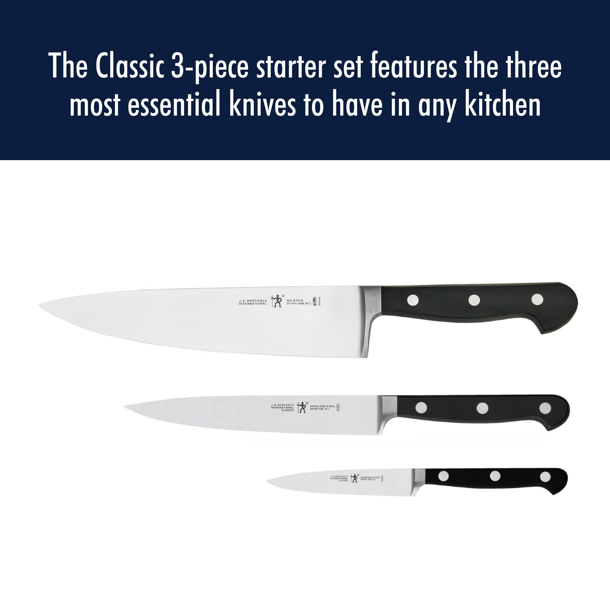 HENCKELS Classic Razor-Sharp 3-Piece Kitchen Knife Set, Chef Knife, Paring Knife, Utility Knife, German Engineered Informed by 100+ Years of Mastery, Stainless Steel