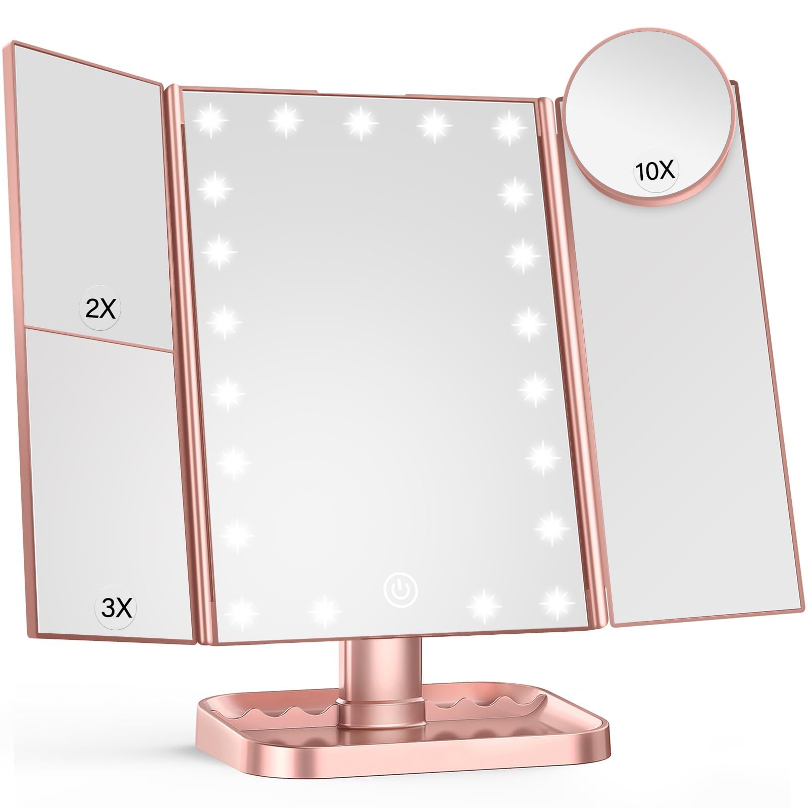 HUONUL Makeup Mirror Vanity Mirror with Lights, 2X 3X 10X Magnification, Lighted Makeup Mirror, Touch Control, Trifold Makeup Mirror, Dual Power Supply, Portable LED Mirror, Women Gift (Rose Gold)