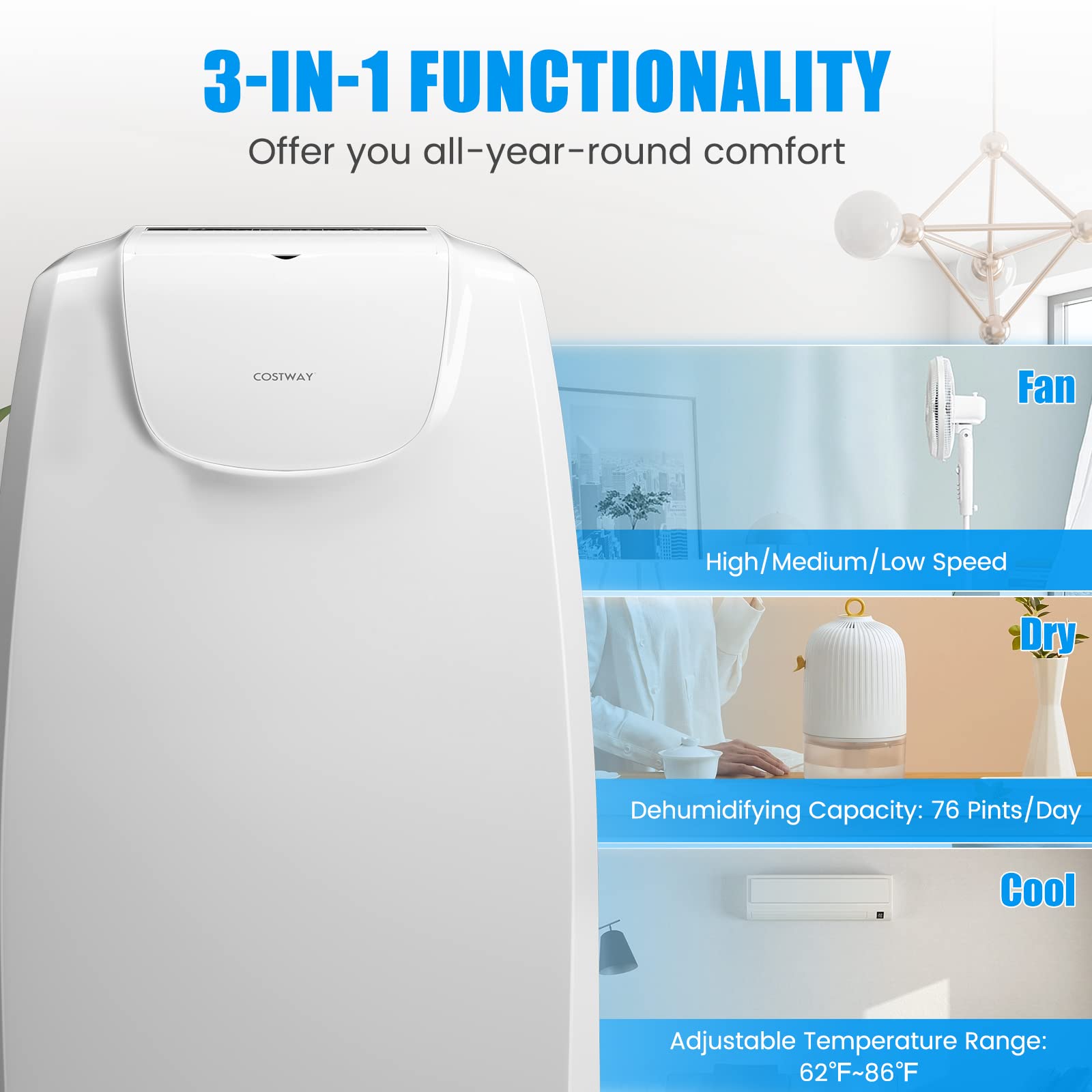 COSTWAY 11,500 BTU Portable Air Conditioner, with Dual Hose, Remote Control, Powerful AC Unit Rooms up to 400 Sq.Ft. with Dehumidifier, Fan, Sleep Mode, 24H Timer & Window Installation Kit