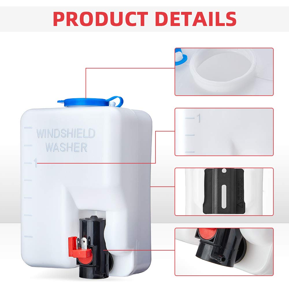 KEMIMOTO Universal Car Windshield Washer Pump Washer Fluid Reservoir Bottle Kit with Pump Jet Button Switch 12V Windshield Tank
