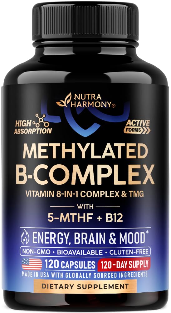 Vitamin B Complex Methylated - B-Complex with Methylfolate & B12 - Bioavailable for Men & Women - 9-in-1 Methylated Multivitamin - Energy, Brain & Mood - Vegan - Made in USA - 120 Capsules, One/Day