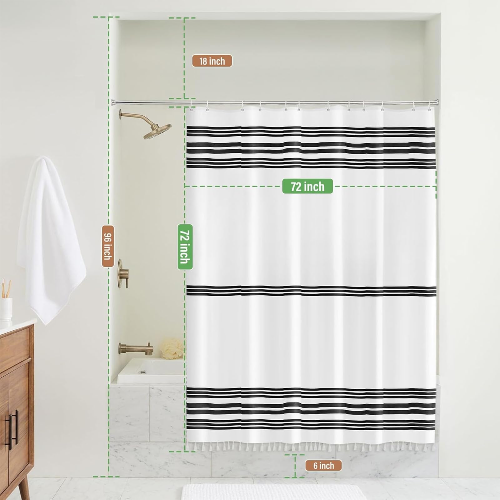 Seasonwood Black and White Shower Curtain with Tassels,Farmhouse Fabric for Bathroom,Heavy Weighted, 72 x 72