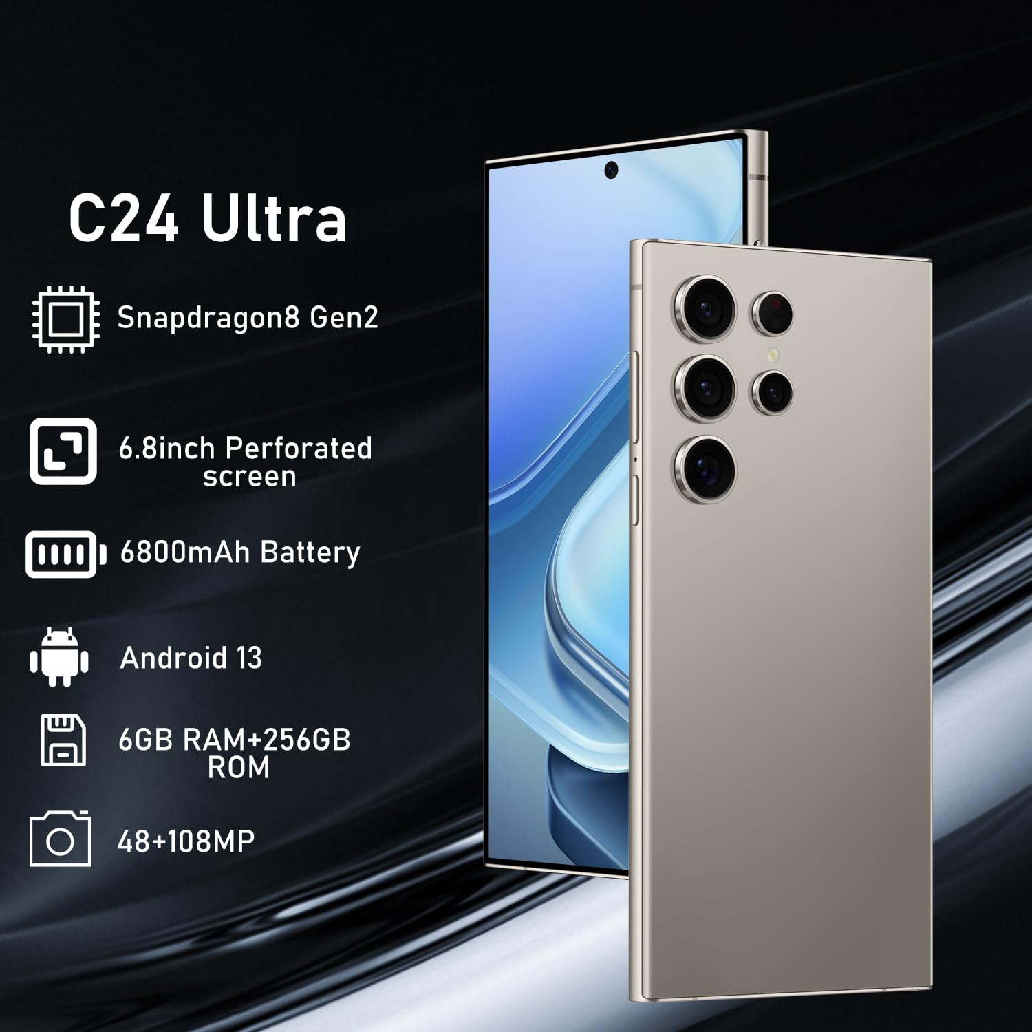 QPWOEIB C24 Ultra 5G Unlocked Cell Phone, 6+256GB Smartphone, Android 13.0, 48+108MP Zoom Camera, Build in Pen,Long Battery Life 6800mAh, Dual SIM, 6.8â HD Screen,Face ID/Fingerprint Lock/GPS (Gray)