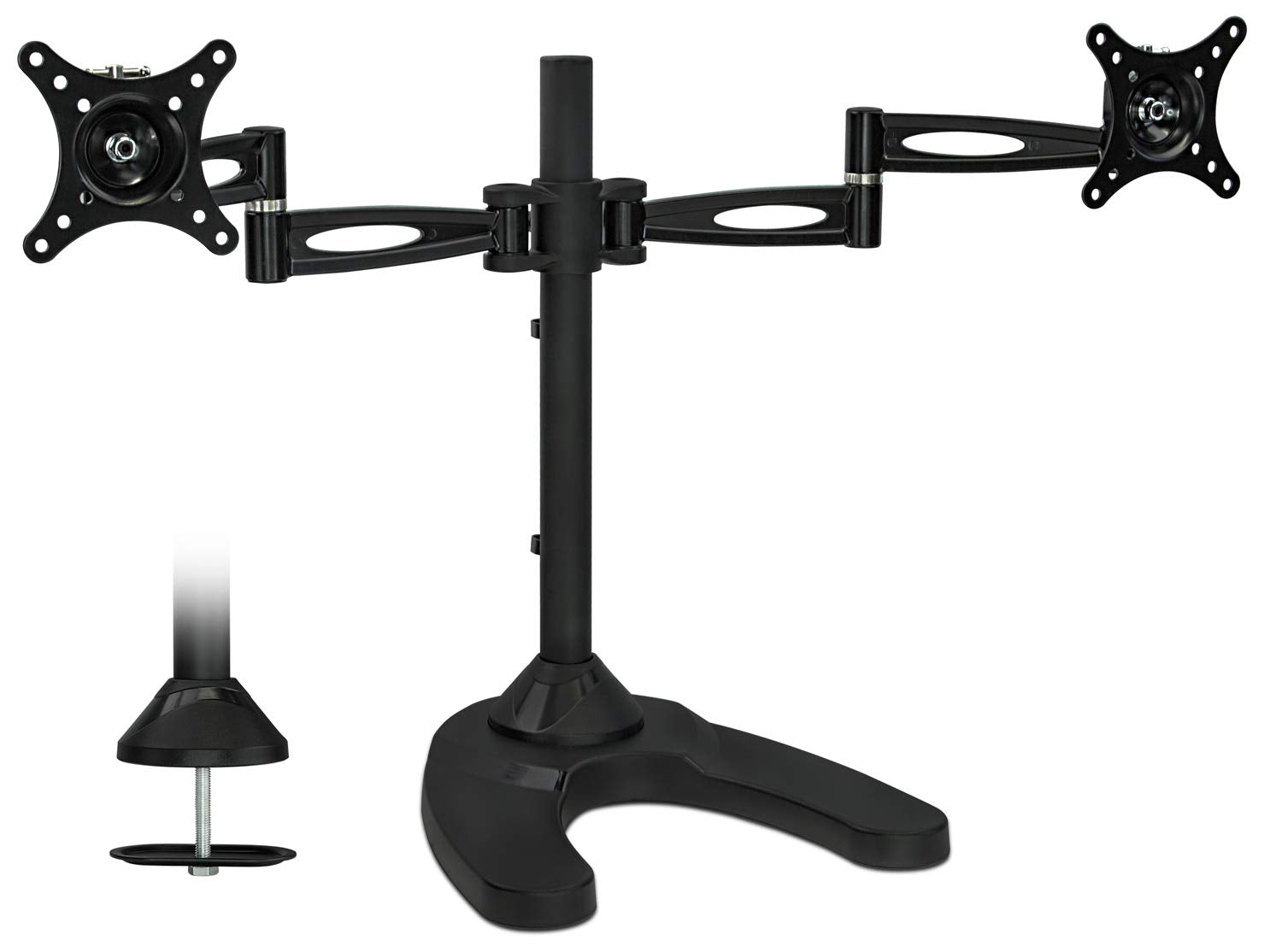 Mount-It! Free Standing Dual Monitor Stand | Double Arm Desk Mount Fits Two x 21 24 27 Inch Computer Screens | 2 Heavy Duty Full Motion Adjustable Arms | VESA 75 100 Compatible | Grommet Base Included