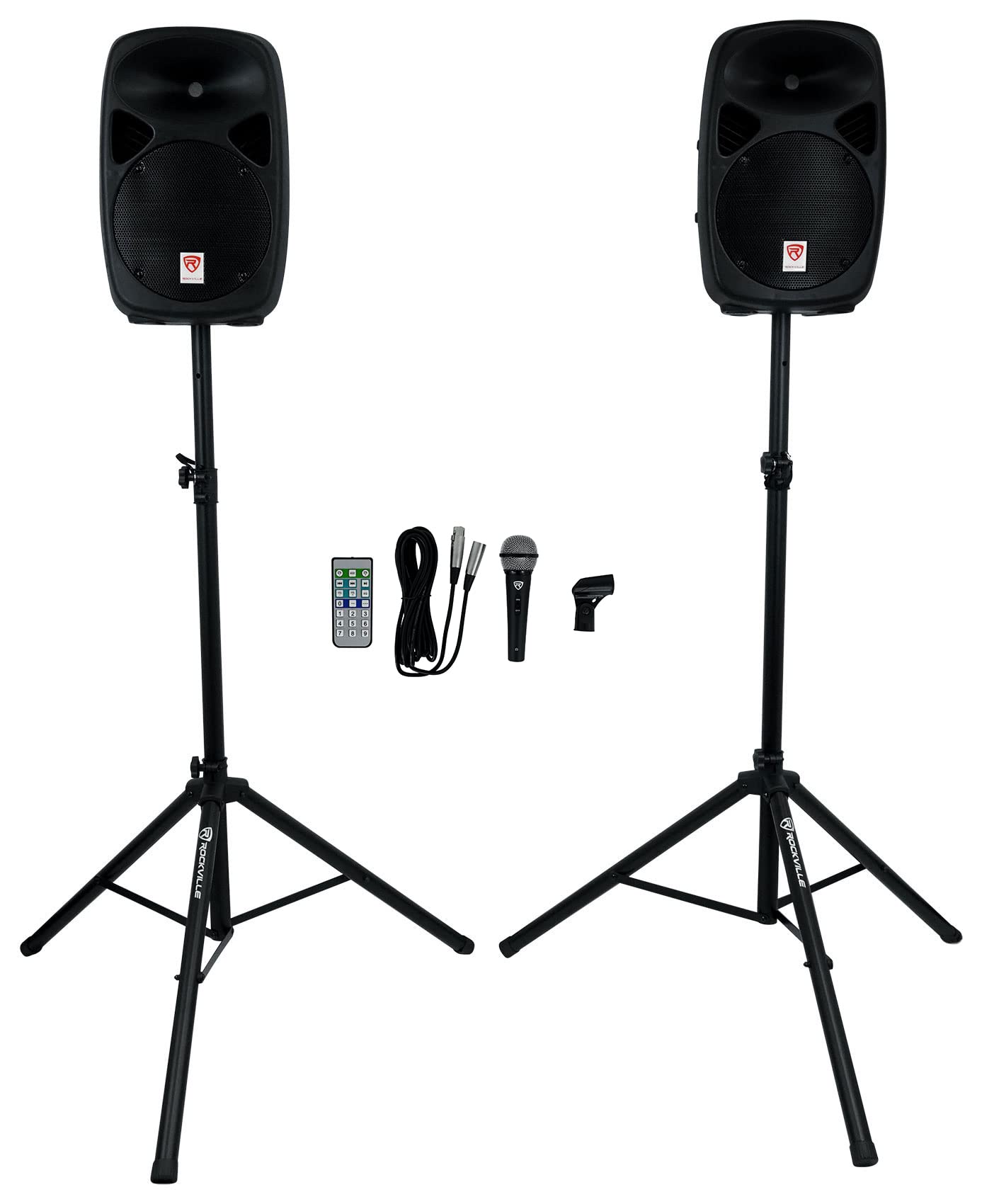 Rockville RPG102K Dual 10" Powered DJ/PA Speaker System, 1000W Peak, Bluetooth/USB/SD, Wired Mic, Stands, Remote, for DJs, Karaoke, Parties, and Live Music