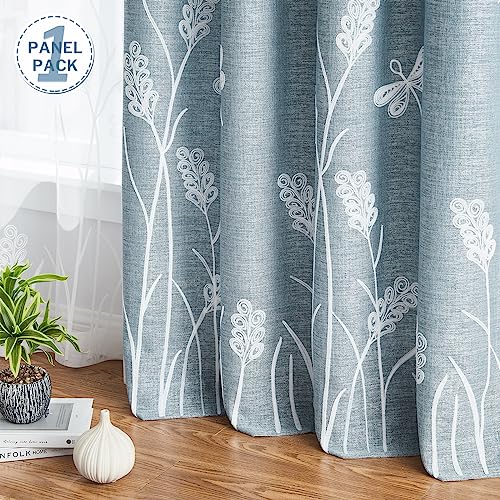 Melodieux Wheat Embroidery Linen Blackout Curtains for Living Room Bedroom Grommet Window Drape, White Wheat/Aqua Blue, 52 by 84 Inch (1 Panel)