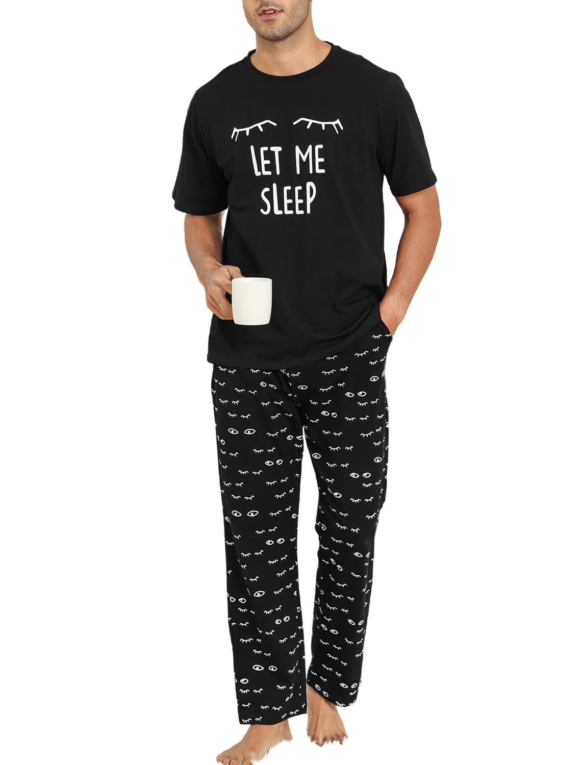 EISHOPEER Men's Soft Cotton Pajama Set Short Sleeve Casual Sleepwear T Shirt Loungewear with Long Pants Black XX-Large