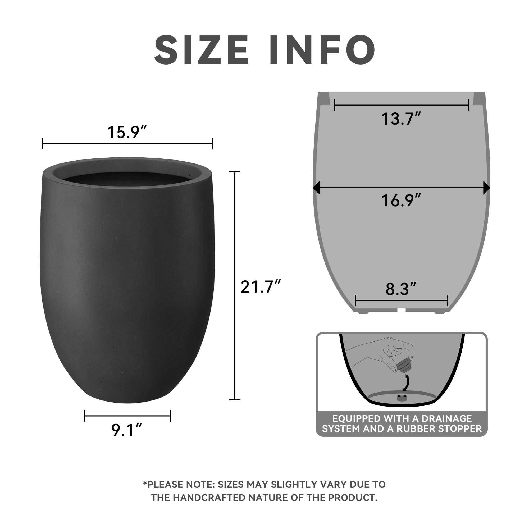 Kante 21.7" H Natural Concrete Tall Planter, Large Outdoor Indoor Decorative Pot with Drainage Hole and Rubber Plug, Modern Round Taper Style for Home and Patio Burnished Black