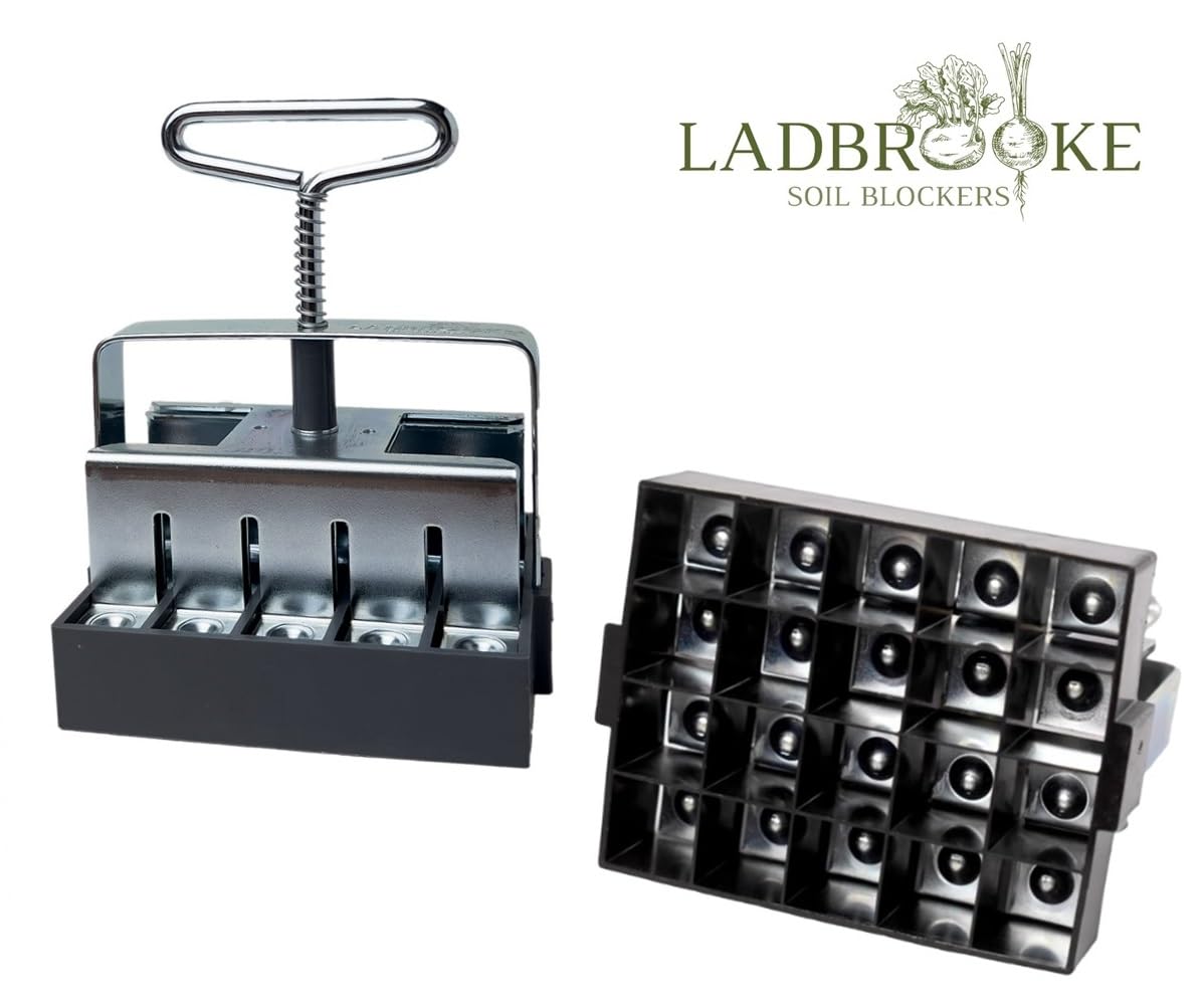 Authentic Ladbrooke Soil Block Maker 5-Pc. Essentials Nesting System Includes Mini 4, Micro 20, Cubic Inserts, 1" Seed Dibbles, and Grow Tweezers, Made in England