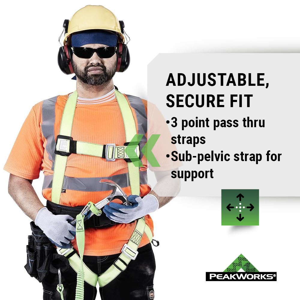 PeakWorks Safety Harness Fall Protection – Full Body, ANSI OSHA Compliant, Adjustable, Hi Vis, 3 Point System with Fall Indicator, D Ring - Green