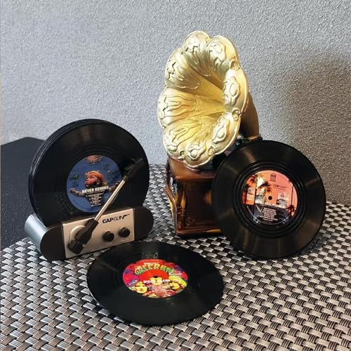 Funny Retro Vinyl Record Coasters, Creative Drink Coasters Set of 6 with Vinyl Record Player Holder for Music Lovers, Housewarming Hostess Gifts, Birthday and White Elephant Gifts Ideas