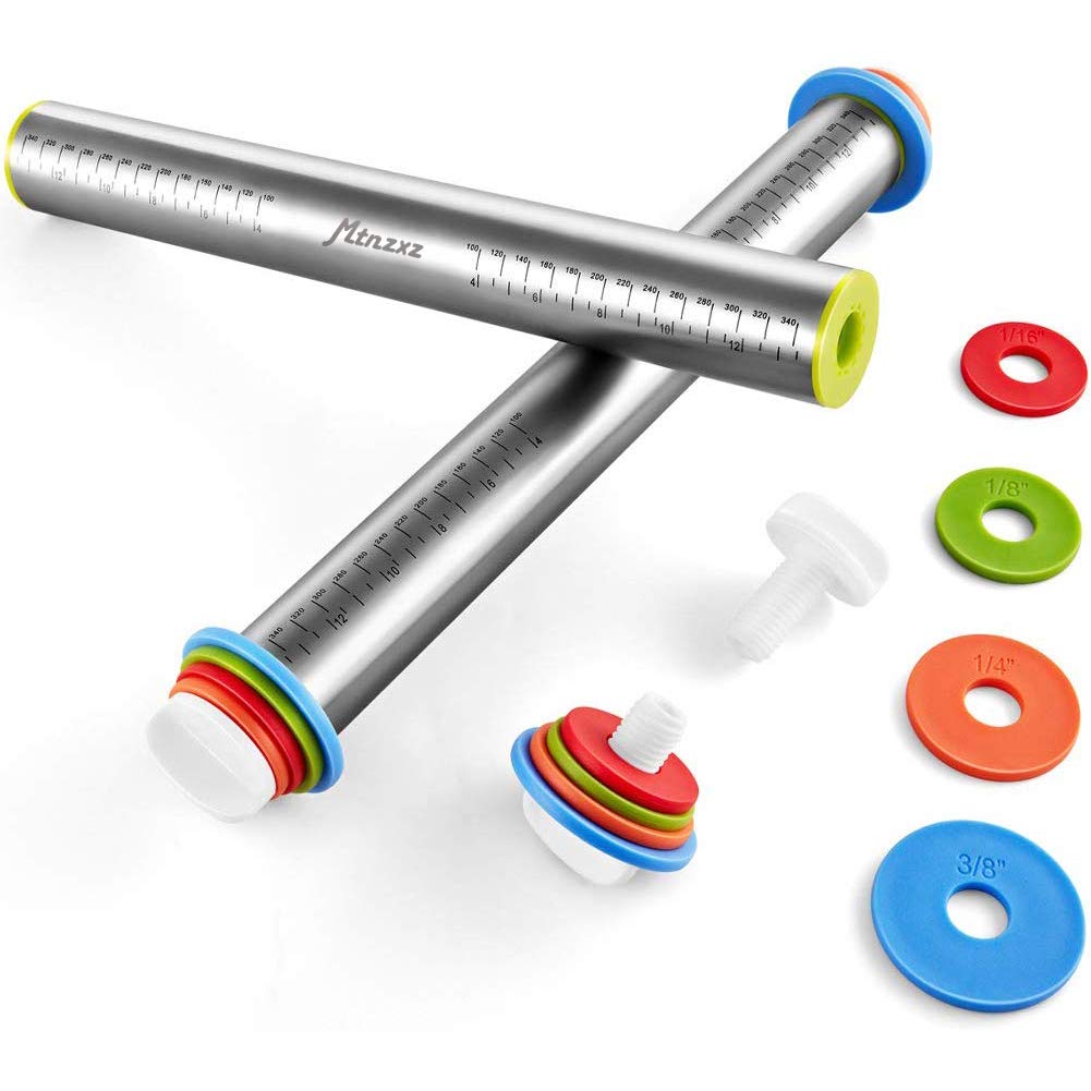 Rolling Pin and Silicone Baking Pastry Mat Set, Stainless Steel Dough Roller, Rolling Pins with Adjustable Thickness Rings, for Baking Fondant, Pizza, Pie, Pastries, Pasta, Cookies