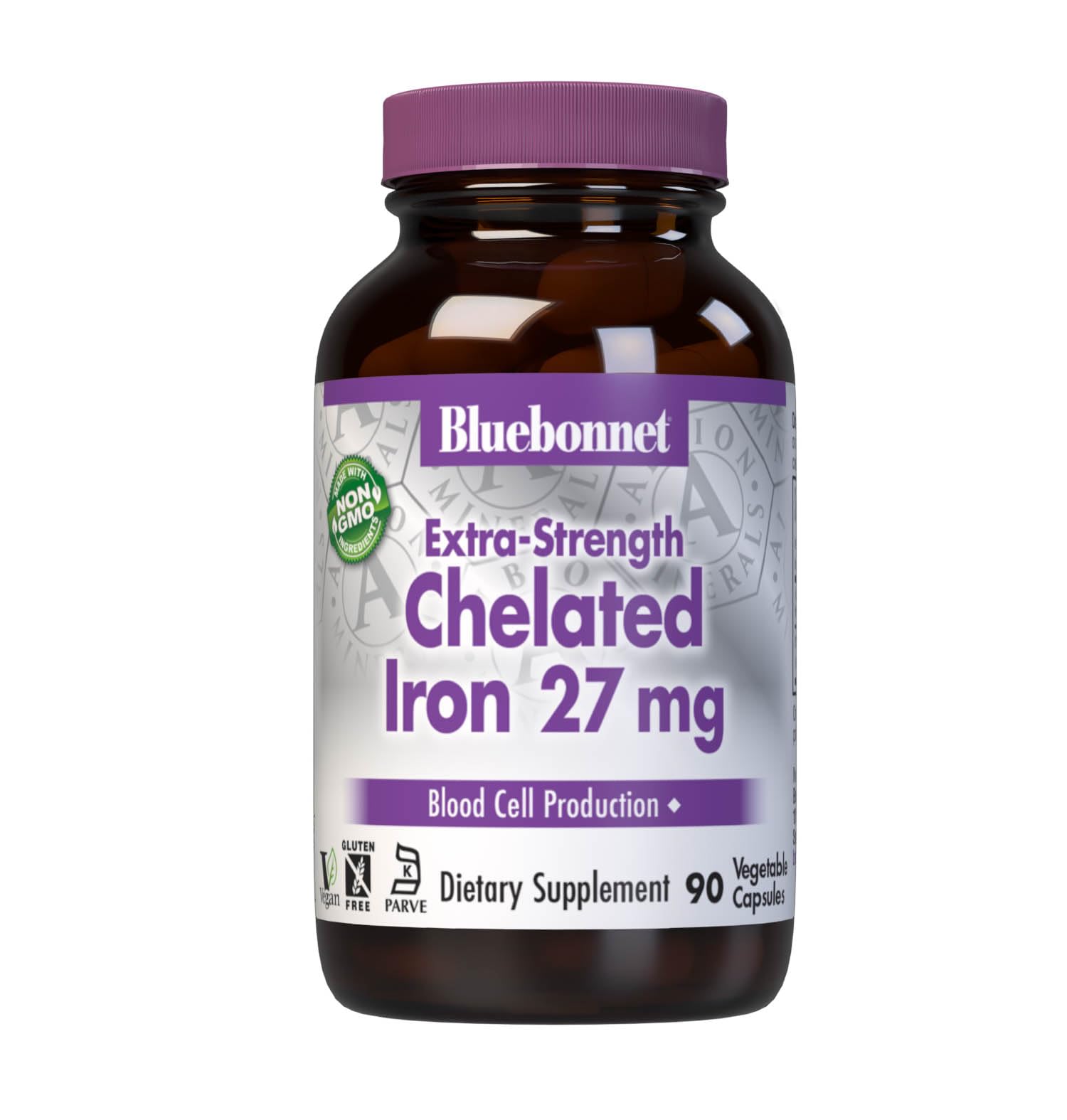 Bluebonnet Nutrition Albion Extra-Strength Chelated Iron 27 mg, For Healthy Red Blood Cell production*, Soy-Free, Gluten-Free, Non-GMO, Kosher, Dairy-Free, Vegan, 90 Vegetable Capsule, 90 Serving
