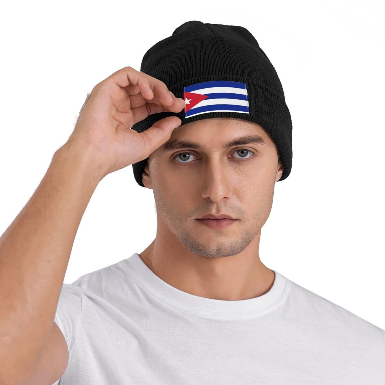 Cute Cuba Flag Knit Hat Soft Classic Stretchy Ski Beanie Cap Winter Cuban Warm Hats for Women Men Black