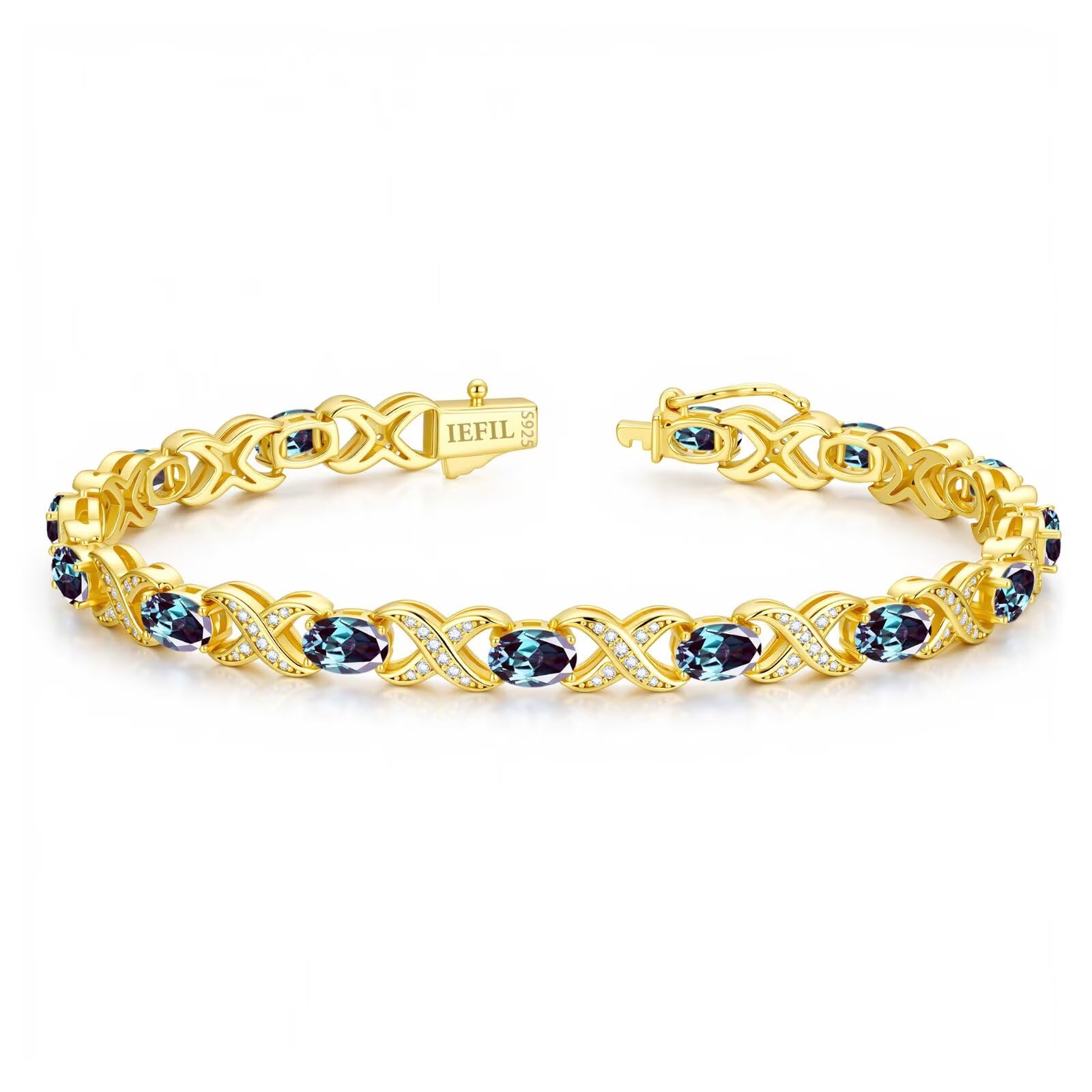 Iefil June Birthstone Bracelet for Women - Lab-Created Alexandrite Tennis Bracelets Unique X O Design Oval Birthstone Bracelets Anniversary Birthday Jewelry Gifts for Wife 7"
