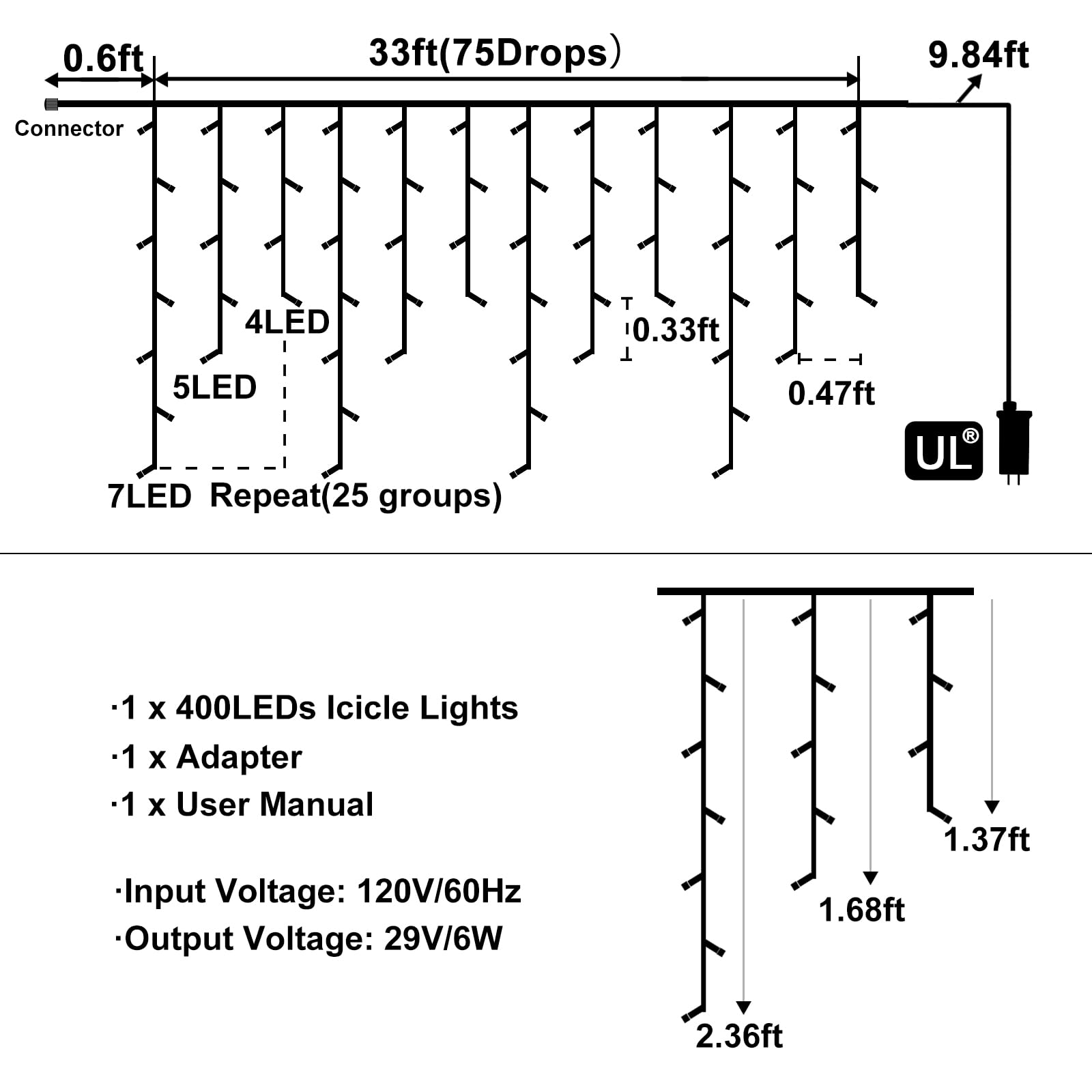 White Christmas Lights Outdoor - 33ft 400 LED Icicle Lights for Outside House, Twinkle Tree Lights Plug in 8 Modes Timer Waterproof for Patio Window Holiday Wedding Party Pathway Indoor Decorations