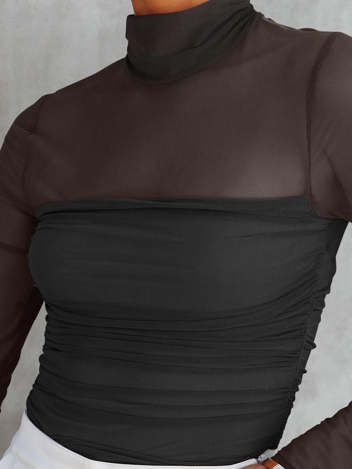 Women's Sexy Mock Turtle Neck Sheer Mesh Ruched Bodysuit - Fall Trendy Going Out Leotard Top by REORIA