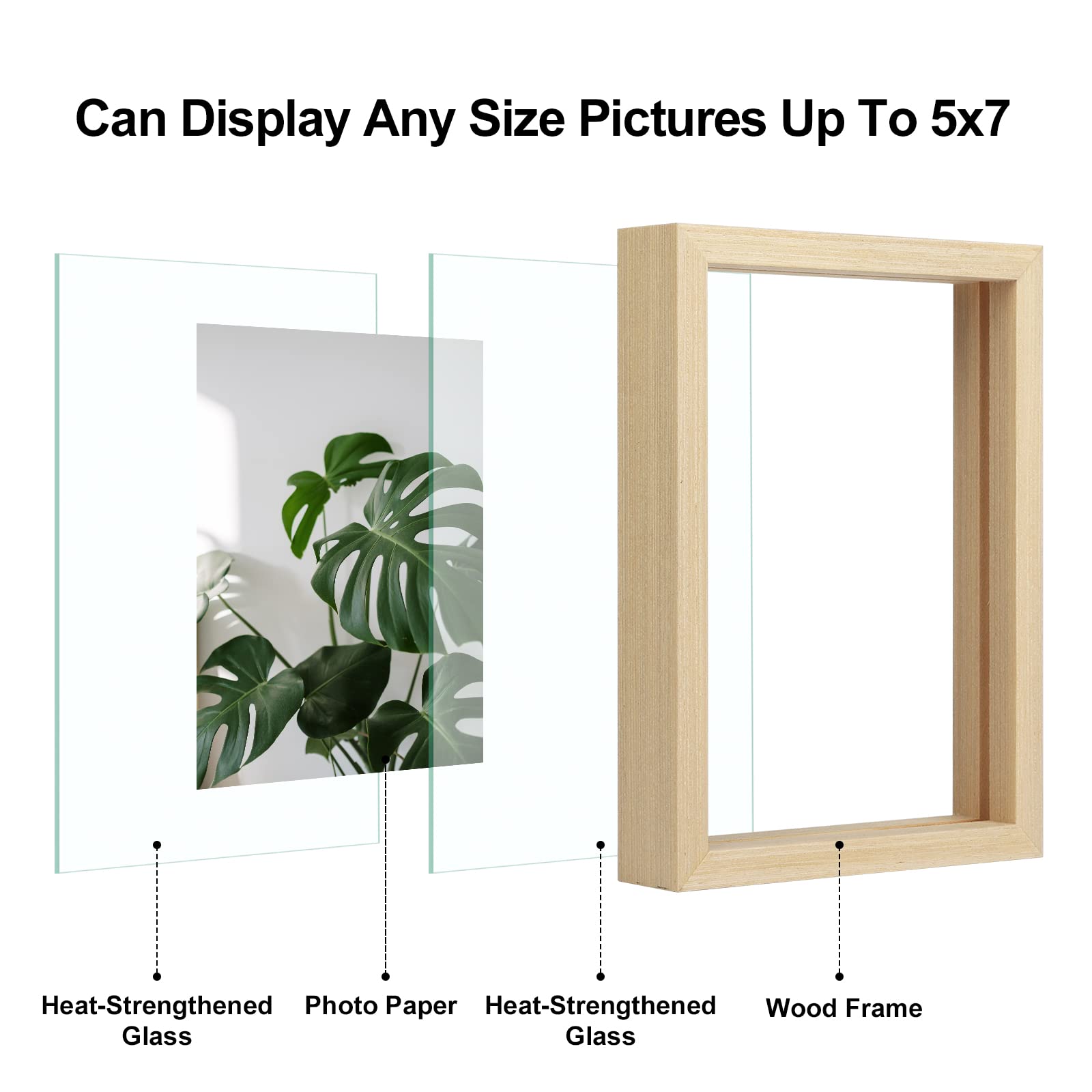 Egofine 5x7 Floating Frames Set of 2, Double Glass Picture Frame, Made of Solid Wood Display Any Size Photo up to 5x7, Wall Mount or Tabletop Standing, Natural Wood