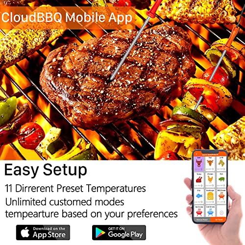 Cloud BBQ 500FT Wireless Meat Thermometer, Smart Rechargeable BBQ Thermometer with Four Probes, Bluetooth Meat Thermometer for Somker, Oven,Grilling, Cooking Turkey Fish Beef (FS-52)