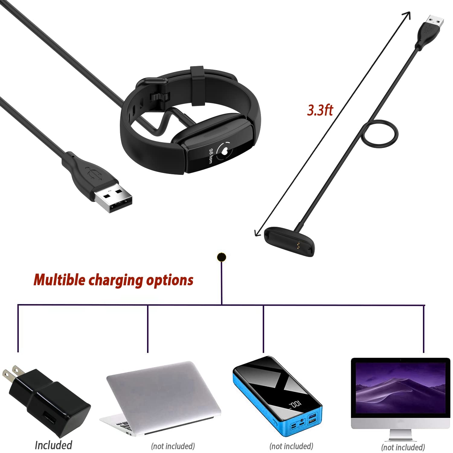 Fitbit Inspire 3 Health & Fitness Activity Tracker (Black) with Workout Intensity, Sleep Tracking, Heart Rate, S & L Bands, 3.3foot Charging Cable, Wall Adapter, Screen Protectors & PremGear Cloth