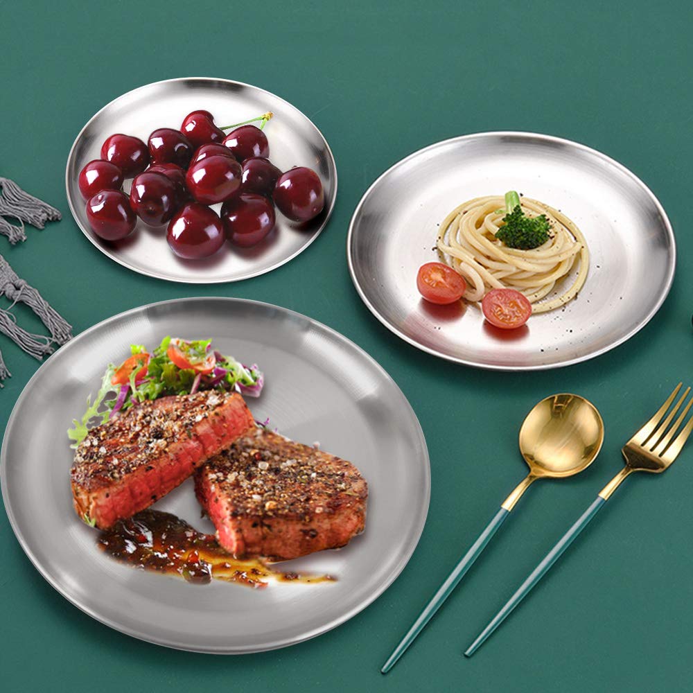 12 Pack Stainless Steel Plates, Reusable Brushed Metal Dinner Plates, Metal Dinner Dishes for Picnic BBQ Steak (sliver)