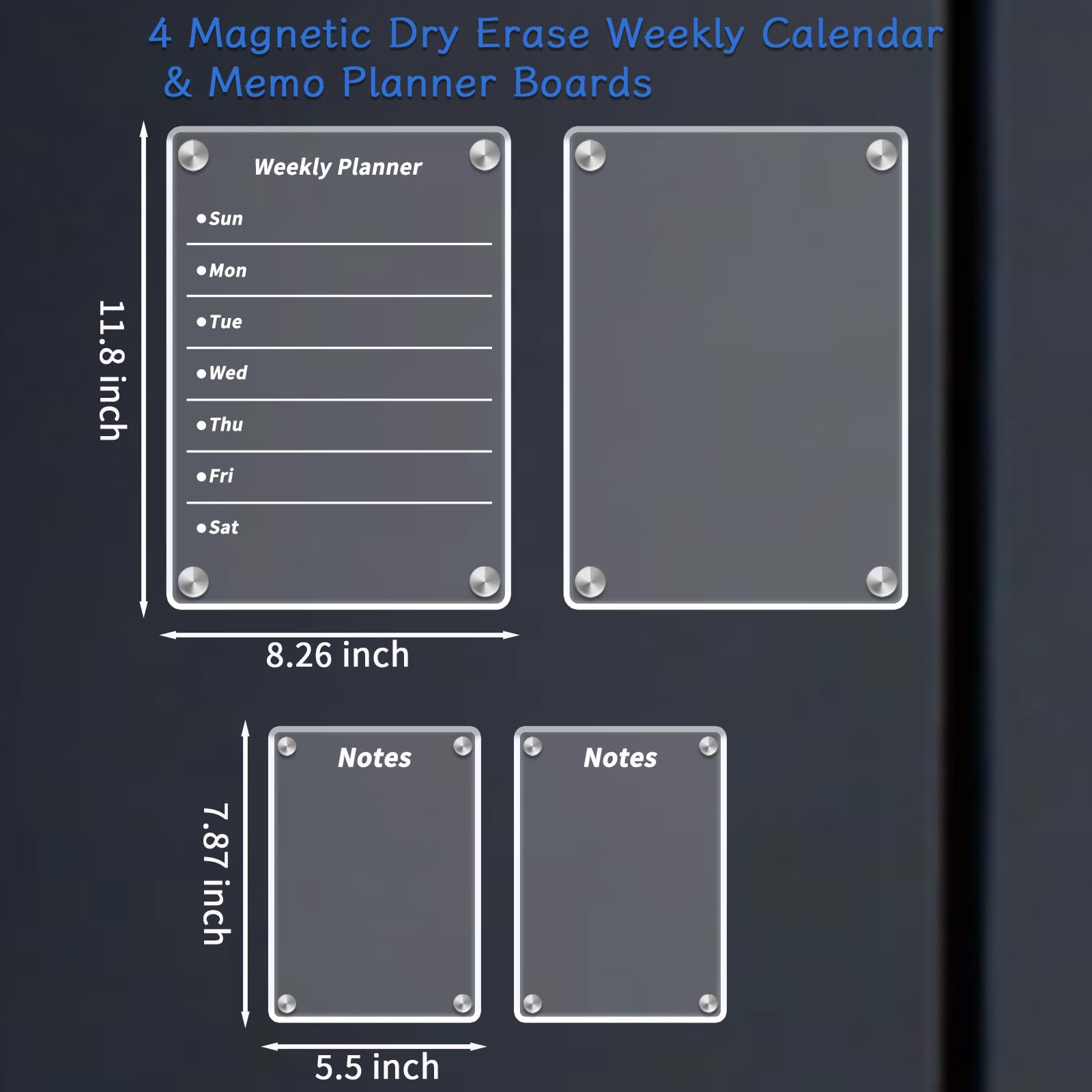 Naisidas Acrylic Magnetic Dry Erase Board for Fridge,Set of 4 Transparent Planning Boards Weekly Calendar, Notes Planning Board,Includes 8 Markers and Towel