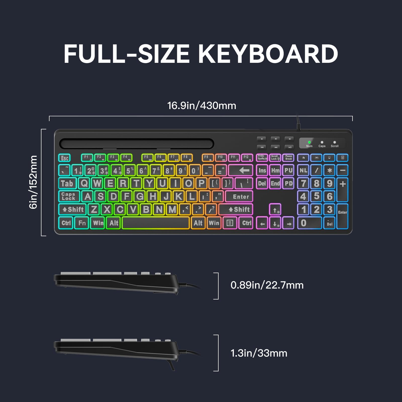 MARVO Large Print Backlit Keyboard, WK712 Wired Computer Keyboard with 7 Colors & 11 Modes Backlight, Silent Light Up Keyboard with Tablet Phone Holder, Full-Size Gaming Keyboard for Windows, Mac
