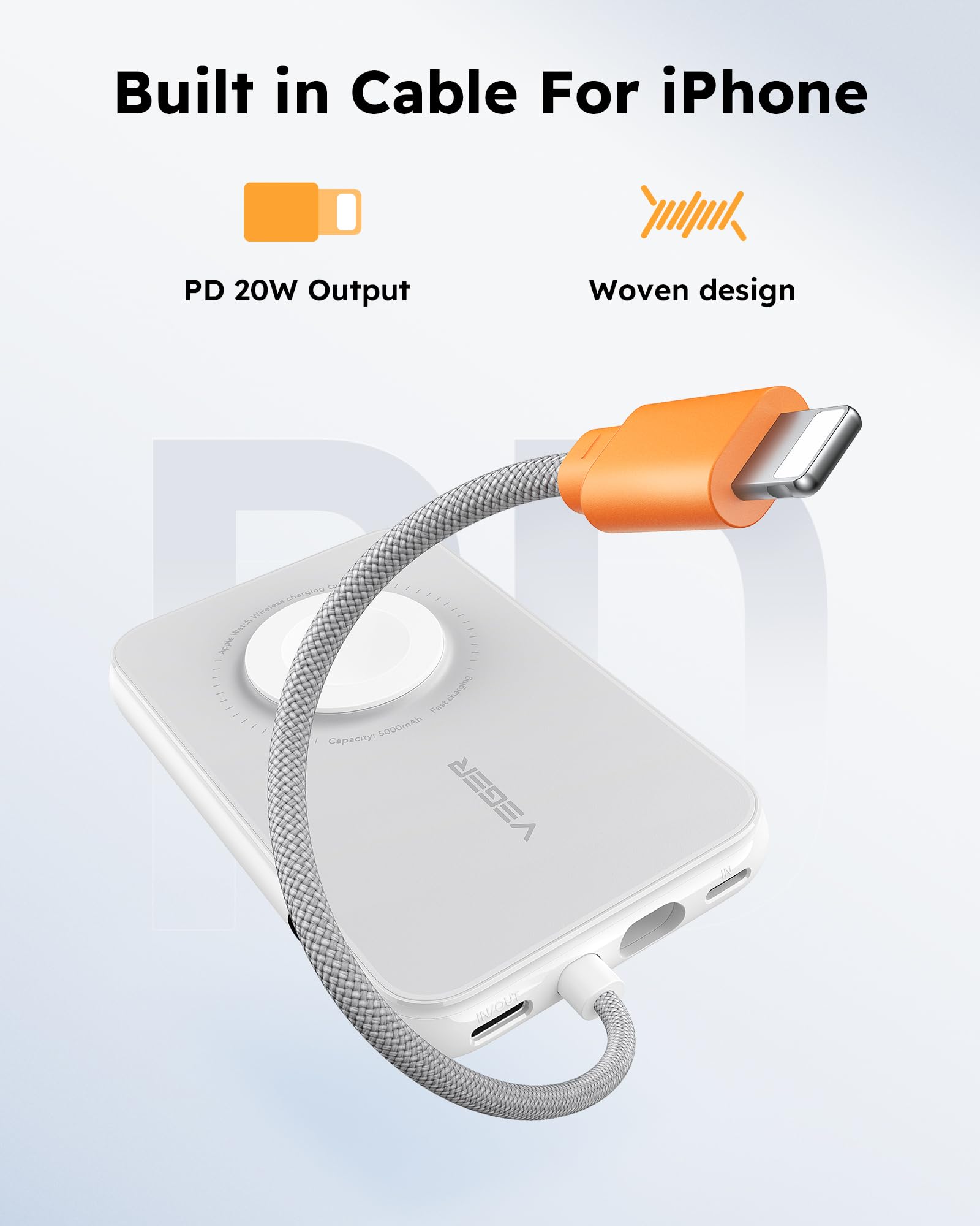 VEGER Portable Charger for iPhone with Built in Cable, 5000mAh Mini Power Bank Battery Pack, PD 20W Fast Charger Travel Essential Compatible with iPhone14/13/12/Pro Max, Andorid, Apple Watch-White