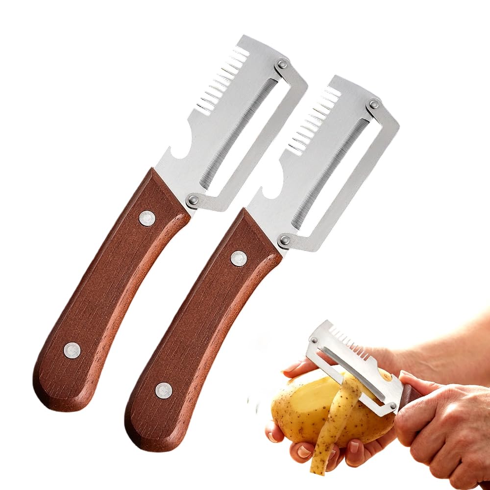 Multi-functional Vegetable Peeler for Kitchen, 2026 New Stainless Steel Peeler with Wooden Handle and Bottle Opener, Fruit and Vegetable Peeler Kitchen Tool for Fruit Veggie Pumpkin (2PCS)