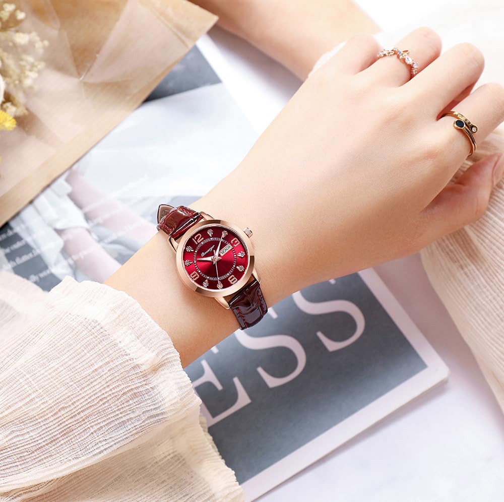 BESTKANG Leather Women Watches Ladies Dress Analog Quartz Date Classic Luminous Leather Strap 3ATM Waterproof Female Wrist Watch (Wine red)