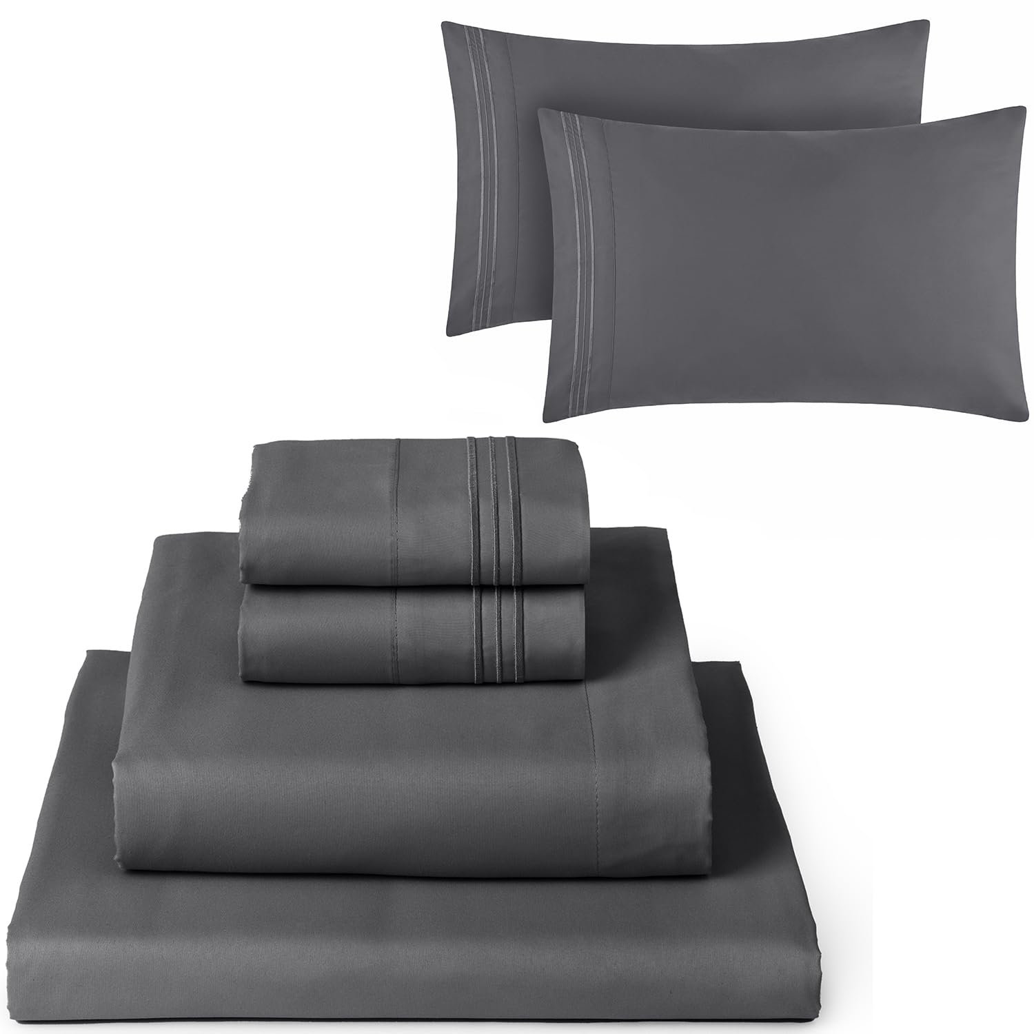 Mellanni 4PC Bed Sheet Set + 2 Pillowcases Bundle&Save - Iconic Collection Bedding - Bundle Includes: 1 Flat Sheets, 1 Fitted Sheet and 4 Pillow Cases (King, Gray)