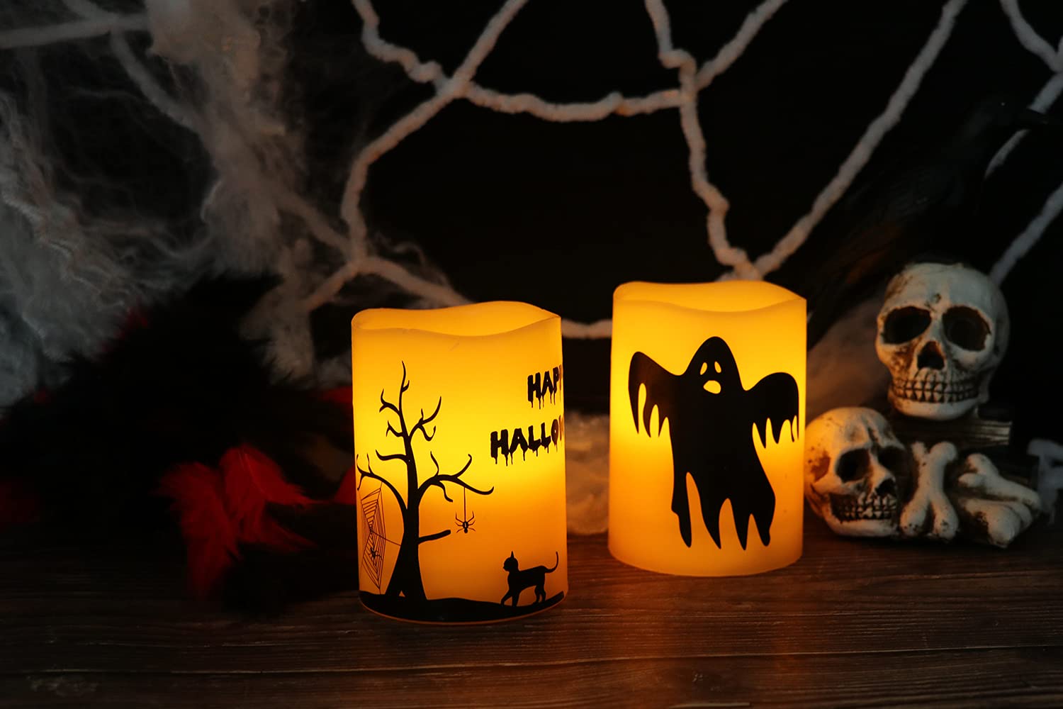 GenSwin Halloween Battery Flameless Candles with 6 Hour Timer, Real Wax Flickering LED Candles Set of 2 Ghost, Halloween Cat Decal for Halloween Home Decoration Gifts(3 x 4 Inch)