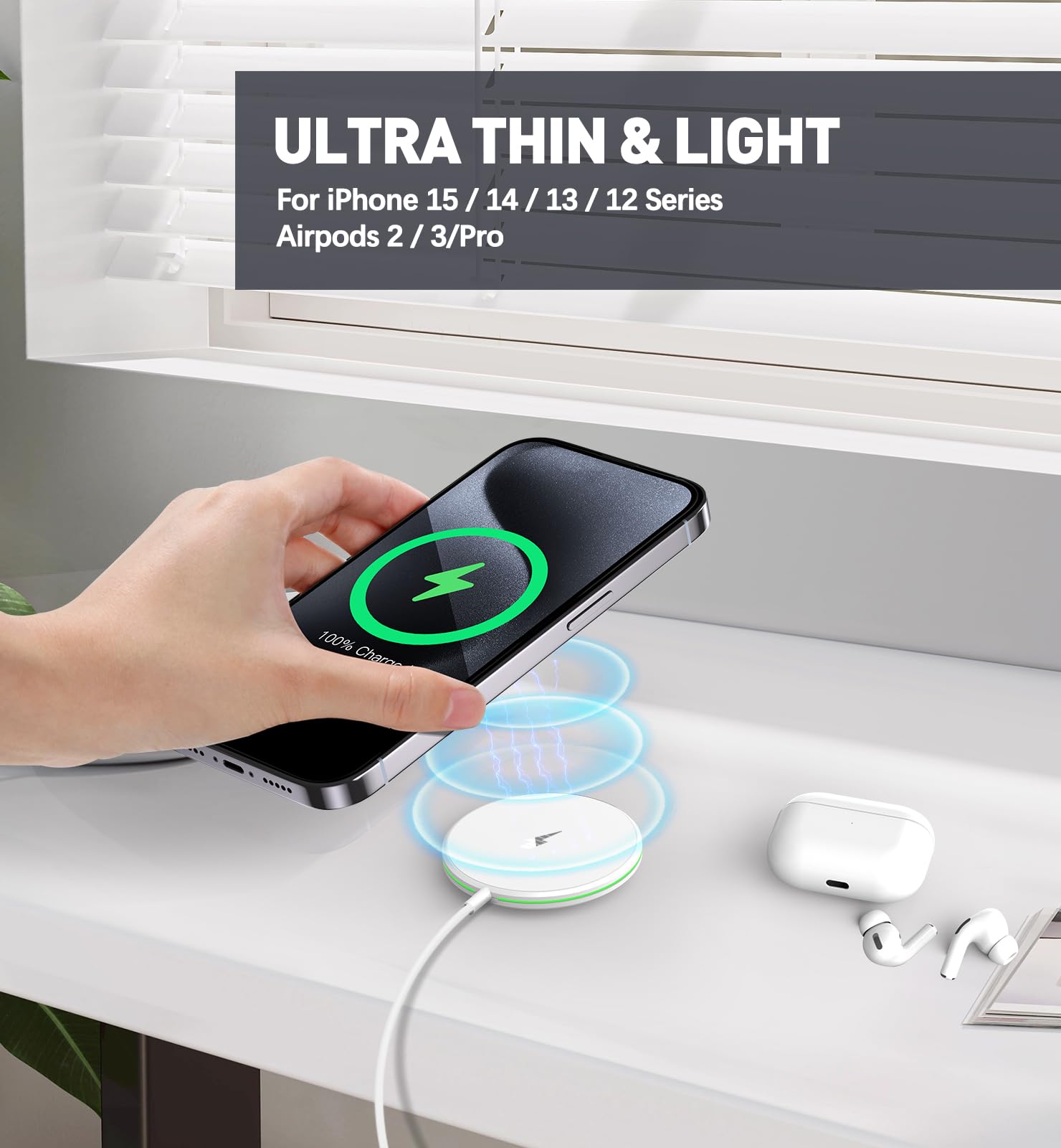 2 Pack Magnetic Wireless Charger 15W Fast Apple Mag-Safe Charger for iPhone 16/15/14/13/12 Series Magnet Wireless Charging Pad for AirPods 3/2/Pro Mag Safe Charger with 5ft Dual Charging Port Cable