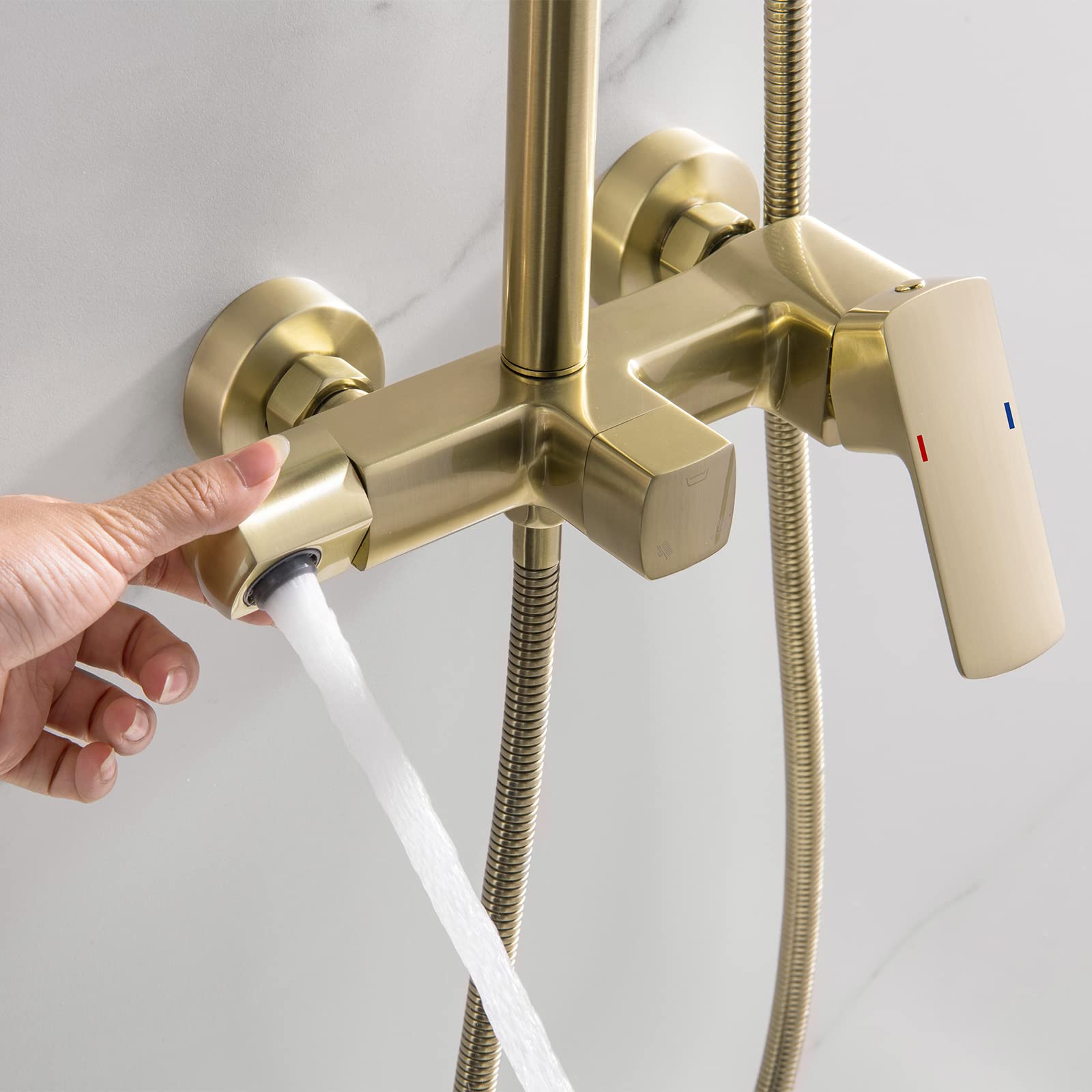 RBROHANT Brushed Gold Exposed Shower System with Tub Spout, 3-Functional Exposed Shower Fixtures with Brass Valve, Shower Height Adjustable, Wall Mounted, RB0880