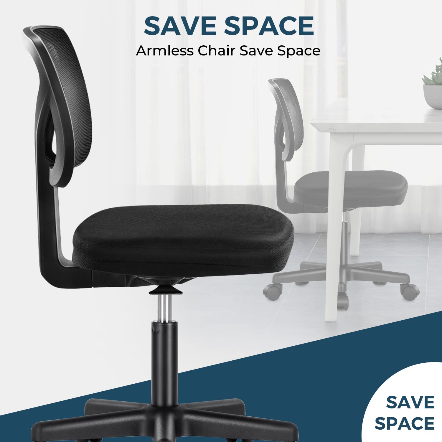 MCQ Home Office Computer Desk Chair Mid Back Armless Ergonomic Mesh with Lumbar Support Height Adjustable Swivel Task Rolling Modern Wheels for Office,Living Room, Black (SE-2077)