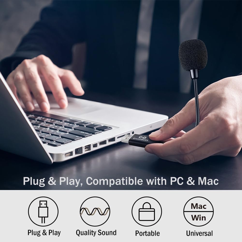 C G CHANGEEK Mini USB Microphone for Laptop and Desktop Computer, with Gooseneck & Universal USB Sound Card, Compatible with PC and Mac, Plug & Play, Ideal Condenser Mic for Remote Work, Online Class