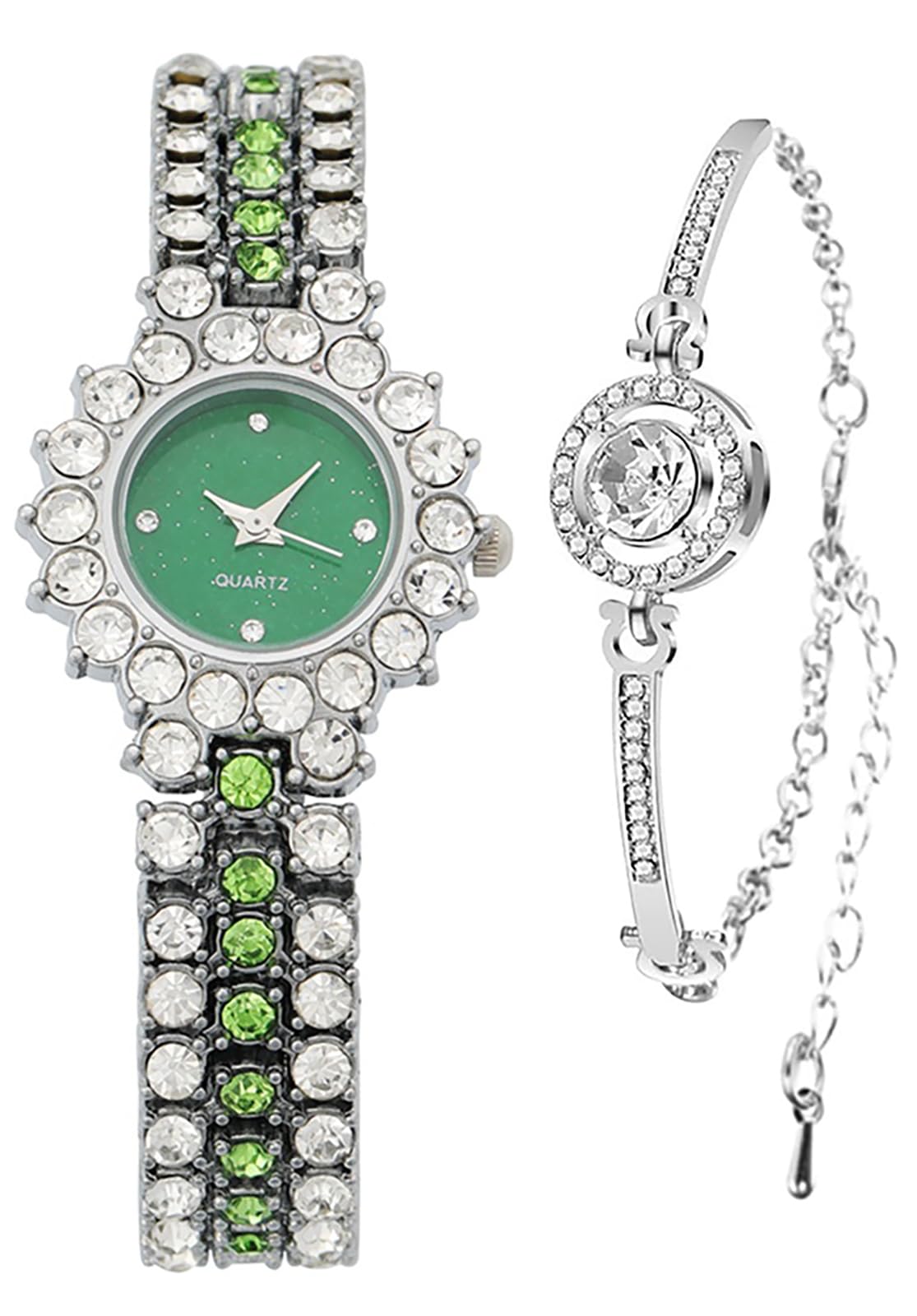 BESTKANG Women's Watch Two Tone Diamond Luxury Elegant Water Diamond Quartz Bracelet Set (Silver Green)