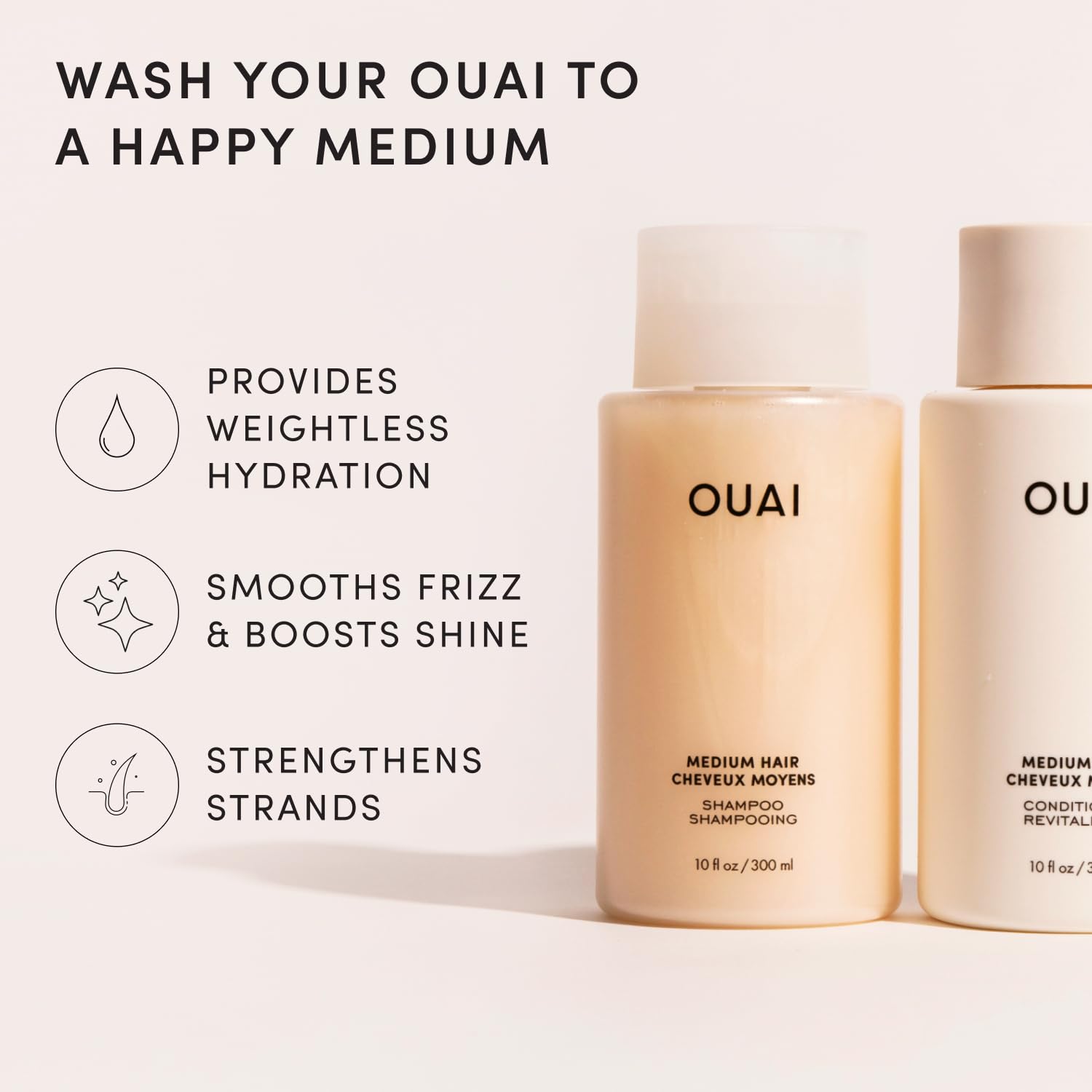 OUAI Medium Hair Shampoo and Conditioner Set - Sulfate-Free Shampoo and Conditioner for Women & Men - Made with Keratin, Shea Butter & Avocado Oil - Free of Parabens & Phthalates (10 Fl Oz)