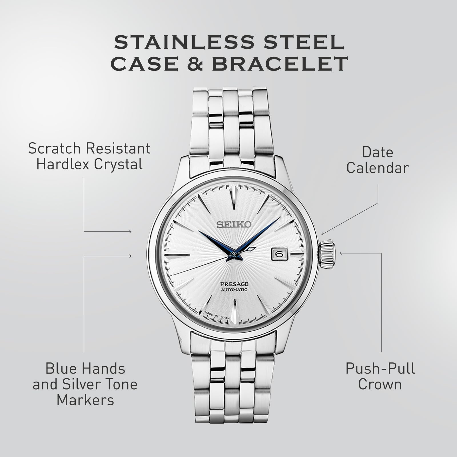 SEIKO SRPB77 Automatic Watch for Men - Presage Cocktail Time - Patterned Silver Dial with Gloss Finish, Date Calendar, 50m Water-Resistant
