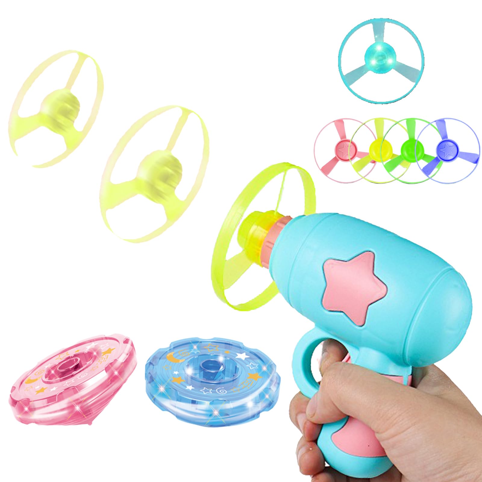 Vilbocr Flying Disc Launcher Toy,Fun and Easy-to-Use Outdoor Toys Outside Yard Games Kids 3-8,1 Flying Saucer & 6 Discs and Gyroscope(2 Glow in The Dark),Launch up to 32 ft (Green)