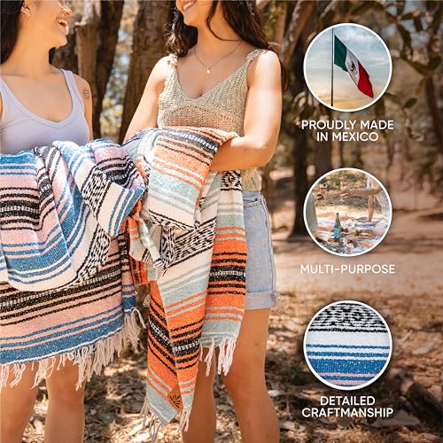 Tierra Mía Mexican Blanket - Authentic Handwoven Serape Picnic Blanket (70"x50") for Outdoor Restorative Yoga, Beach, and Grass Resting - Large, Thick Cotton Throw with Baja Falsa Design (Baja Beach)