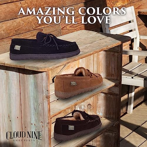 Cloud Nine Sheepskin Slippers Mens Moccasins Shoes - Sheepskin Lined Slip-on Indoor & Outdoor Moccasins for Men Black
