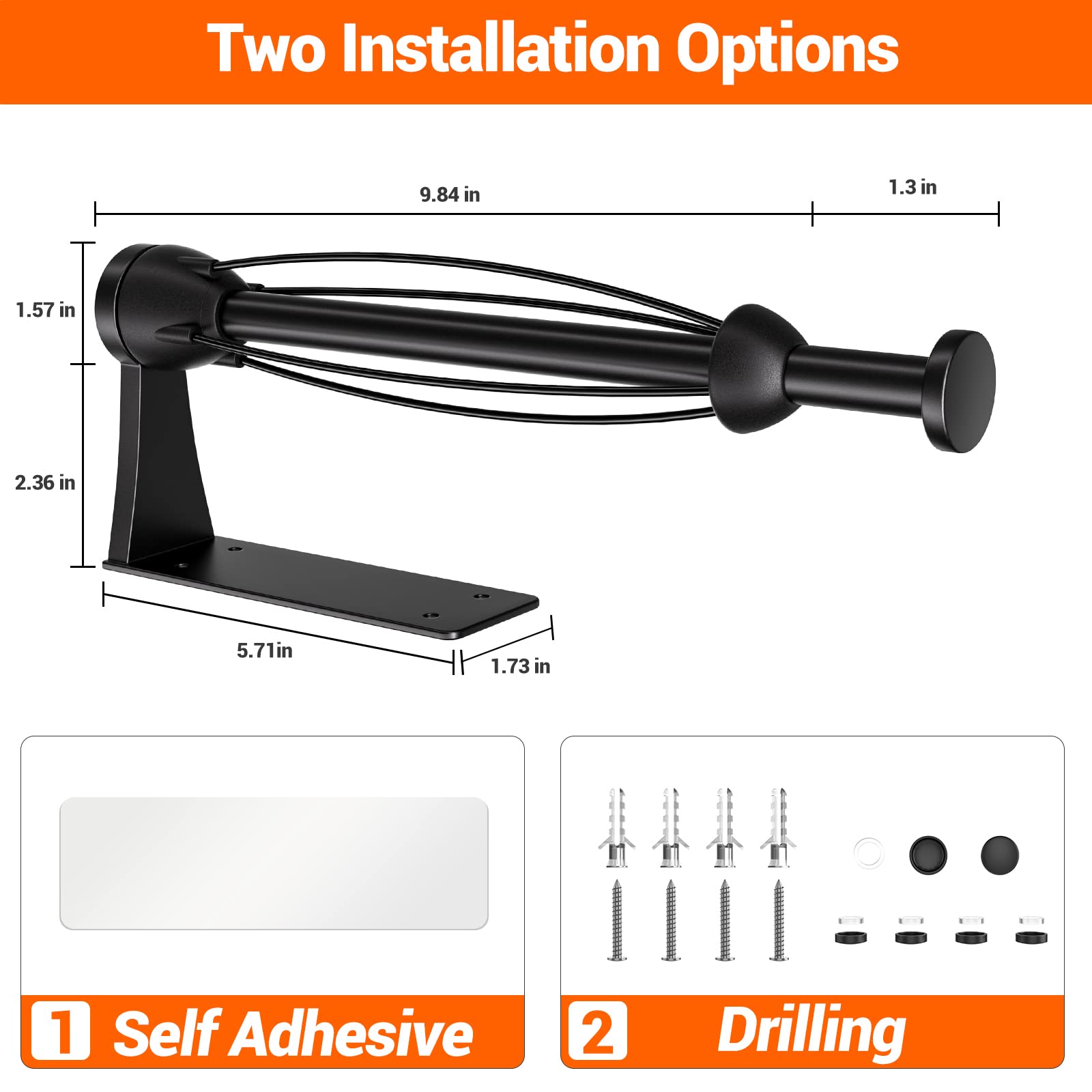 Paper Towel Holder Under Cabinet, Single Hand Operable Wall Mount with Damping Effect, Self-Adhesive or Drilled for Kitchen Bathroom, Black