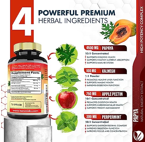 Papaya Leaf Extract Supplements Capsules 5650mg, 3 Months Supply with Kalmegh, Apple Pectin, Peppermint - Improved Digestion Function - 90 Vegan Capsules