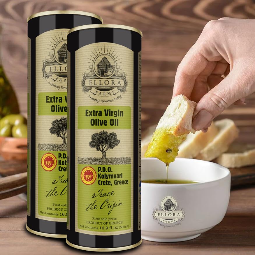 Ellora Farms, Single Estate Extra Virgin Olive Oil, PDO Crete, Greece, Traceable Olive oil, Kosher, 17 oz. Tin, Pack of 2